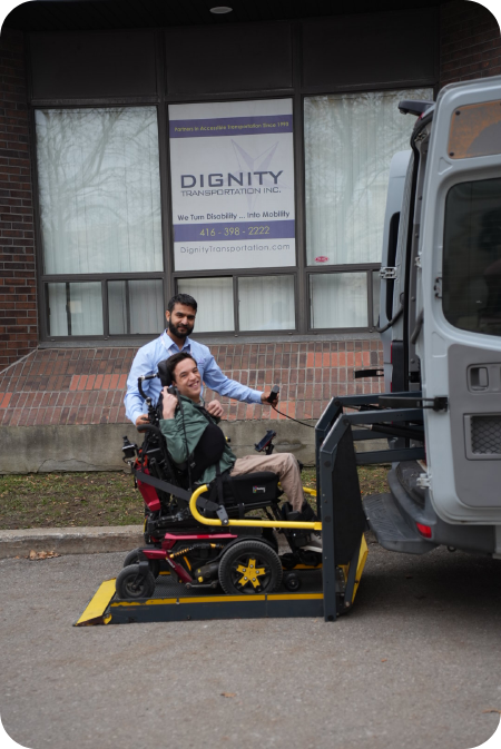 Dignity Transportation white accessible van parked safely in an Ontario loading zone